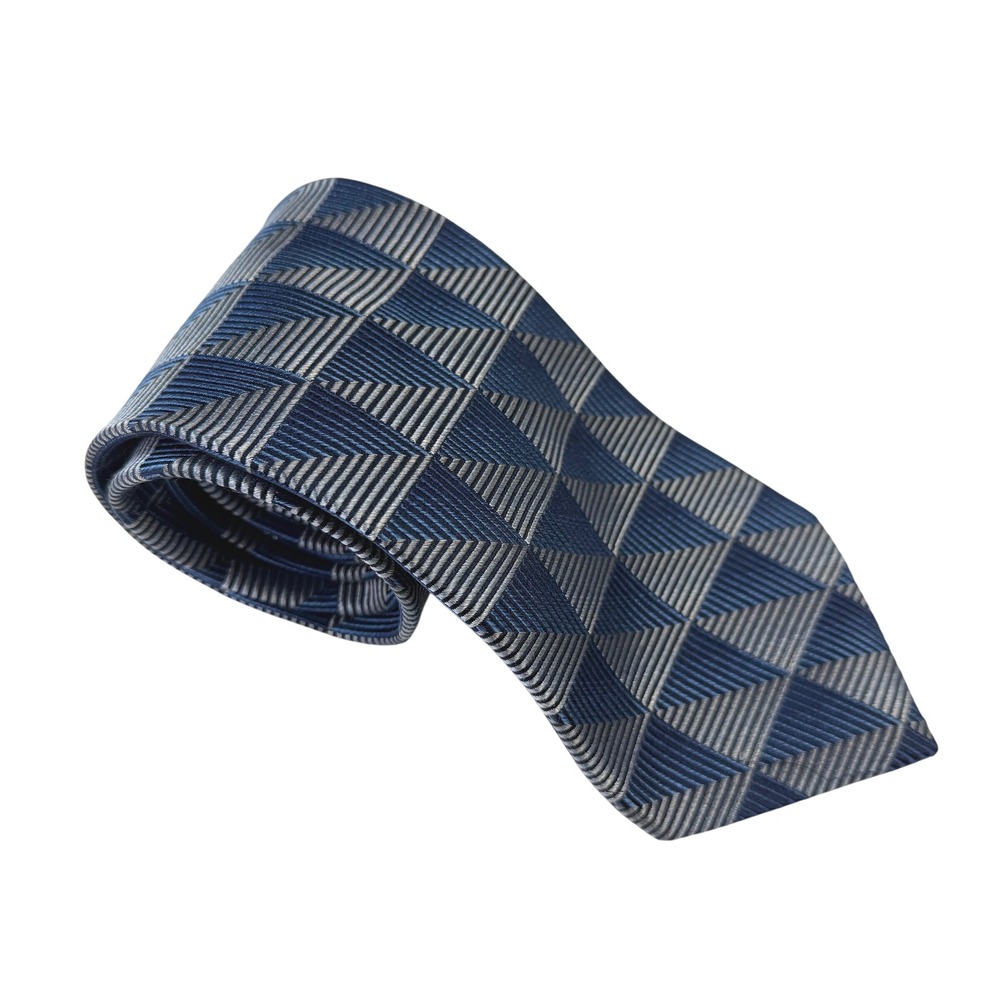 Piattelli Platinum Mens Silk Tie Navy Blue Silver Geometric Pyramid Made in USA